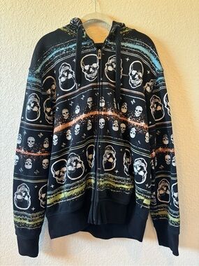 Ecko Unltd Skull All Over Print Zip Hoodie Y2K Mall Goth Streetwear Large